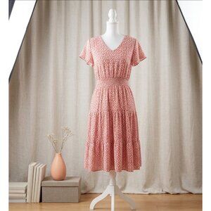 Monteau Floral Print Midi Dress size L With Flutter Sleeves & Smocked Waist Wome